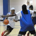 Teconna Dyer drives past defenders at a recent practice. (Hasani Grayson | Grays Harbor News Group)