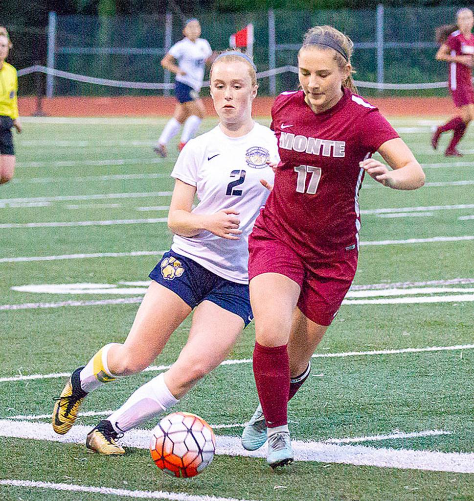 Montesanos Katie Granstrom, right, defends against Aberdeens Emmy Walsh on Sept. 6. Granstrom was named the 1A Evergreen league defensive MVP earlier this week. (Photo by Shawn Donnelly)