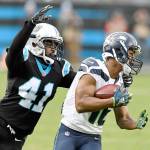 Seattle Seahawks wide receiver Tyler Locketts (16) 43-yard reception against Carolina Panthers defensive back Captain Munnerlyn (41) put them at the Panthers 10-yard line late in the game on Sunday, Nov. 25, 2018 at Bank of America Stadium in Charlotte, N.C. (David T. Foster III/Charlotte Observer/TNS)