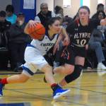 Grays Harbors Carina Mendoza, left, drives the lane from the top of the key in third quarter against Olympic. (Hasani Grayson | Grays Harbor News Group)