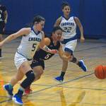 Grays Harbors Keeley Teel chases down a loose ball in a game against Olympic on Satuday. Teel led the team with five steals. (Hasani Grayson | Grays Harbor News Group)