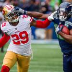 Seattle Seahawks wide receiver Jaron Brown (18) makes a long gain on this pass and run play against San Francisco 49ers strong safety Jaquiski Tartt (29) on Sunday, Dec. 2, 2018 at CenturyLink Field in Seattle, Wash. (Mike Siegel/Seattle Times/TNS)