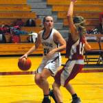 Montesanos Katie Granstrom looks for an open teammate while defended by Castle Rocks Brooke Wirkkala in the second quarter on Thursday. (Hasani Grayson | Grays Harbor News Group)