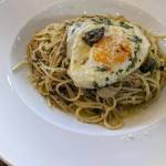 Spaghetti for breakfast: uovo fritto con spaghetti aglio olio peperoncino at Zambris. (Crystal Paul | Seattle Times)