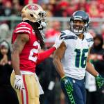 San Francisco 49ers cornerback Richard Sherman (25) and Seattle Seahawks wide receiver Tyler Lockett (16) share a moment on the field during first quarter action on Sunday, Dec. 16, 2018 at Levis Stadium in Santa Clara, Calif. (Mike Siegel/Seattle Times/TNS)