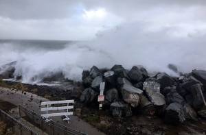 (Dan Hammock | Grays Harbor News Group) Taken from the Westport Viewing Tower, Thursday morning saw towering waves hit along Washingtons coast.