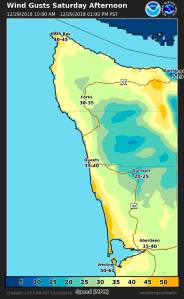 (Courtesy National Weather Service) A map shows where gusts are expected to get between 45 and 55 mph along the coast on Saturday.