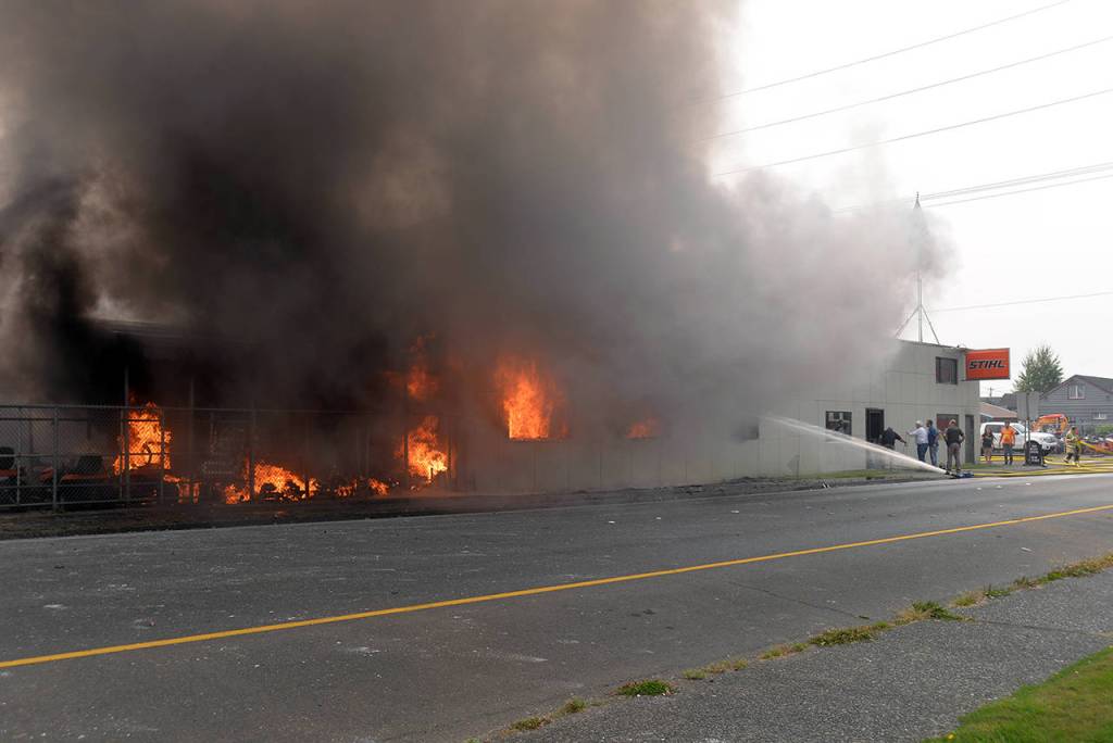 Louis Krauss | Grays Harbor News Group                                The Harbor Saw & Supply building at 3102 Simpson Ave. in Hoquiam was engulfed by flames Aug. 20. The owners quickly restarted operations at the power equipment businesss old location at 2211 W. First St. in Aberdeen. Manager Jake Lennox says he hopes to eventually rebuild the store at the Hoquiam site, which has since been cleared.
