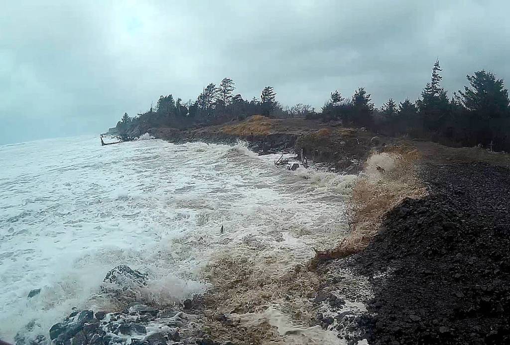 (COURTESY OF CONNIE ALLEN) North Cove was pounded by surf during a major storm Dec. 20, but the cobble piled up as part of the Wash Away No More campaign to protect the rapidly eroding shoreline appeared to do its job, keeping the loss of land to a minimum. Fundraising and rock placement continue in that effort to preserve the shoreline.