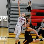 Raymond freshman Kyra Gardner scores two of her game-high 36 points during the first half of the Seagulls 63-61 victory over South Bend on Thursday in Raymond. (Ryan Sparks | Grays Harbor News Group)