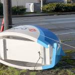 DAN HAMMOCK | GRAYS HARBOR NEWS GROUP                                The top of a fuel pump from the Heron Street AM/PM station blew across South Alder Street and came to rest just behind the Carstars auto dealership. Cyclone fencing surround the AM/PM, which is currently under a major remodel, was blown down during Sundays storm.