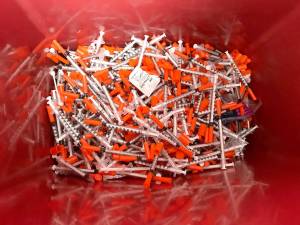 Louis Krauss | Grays Harbor News Group                                A bucket of used syringes disposed at Aberdeens needle exchange recently.
