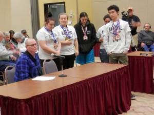 Angelo Bruscas photo: The world champion North Beach Hyaks powerlifting team was honored with a proclamation by the Ocean Shores City Council and Mayor Crystal Dingler on Monday. In the photo from right: Robert Oban, Alexis Potter, Maryah Winser, Arianna Salmond, Maggie McPherson, and assistant coach Alison Cline.