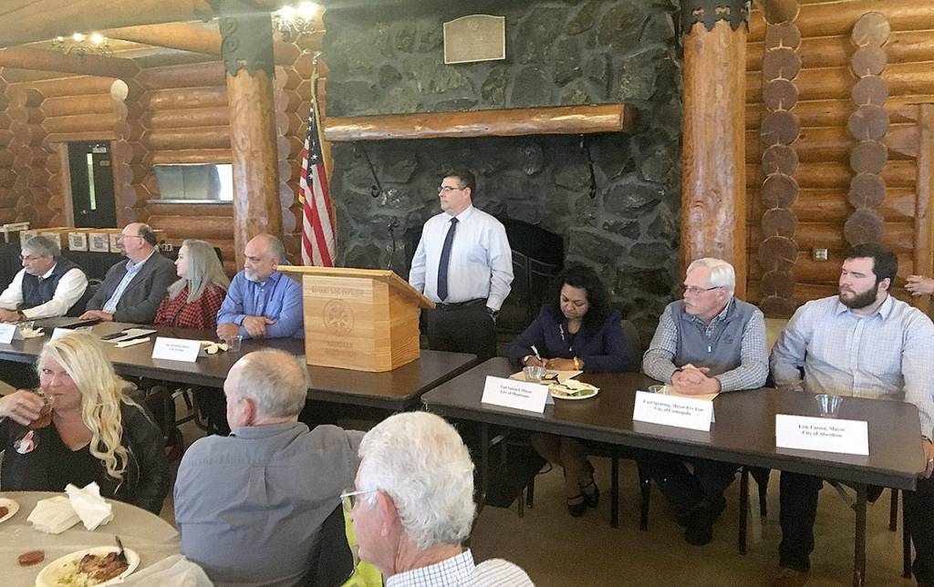 DAN HAMMOCK | GRAYS HARBOR NEWS GROUP Speaking at the Greater Grays Harbor Inc. Lunch with the Mayors event Tuesday were, from left: Ocean Shores City Councilman Jon Martin, Westport Mayor Rob Bearden, Hoquiam Mayor Jasmine Dickhoff, Elma Mayor Jim Sorensen, Greater Grays Harbor Inc. acting president Tony Enzler, Montesano Mayor Vini Samuel, Cosmopolis City Councilman Carl Sperring and Aberdeen Mayor Erik Larson.