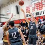 Montesanos Shaydon Farmer attempts a 3-pointer in the fourth quarter against Tenino. (Hasani Grayson | Grays Harbor News Group)