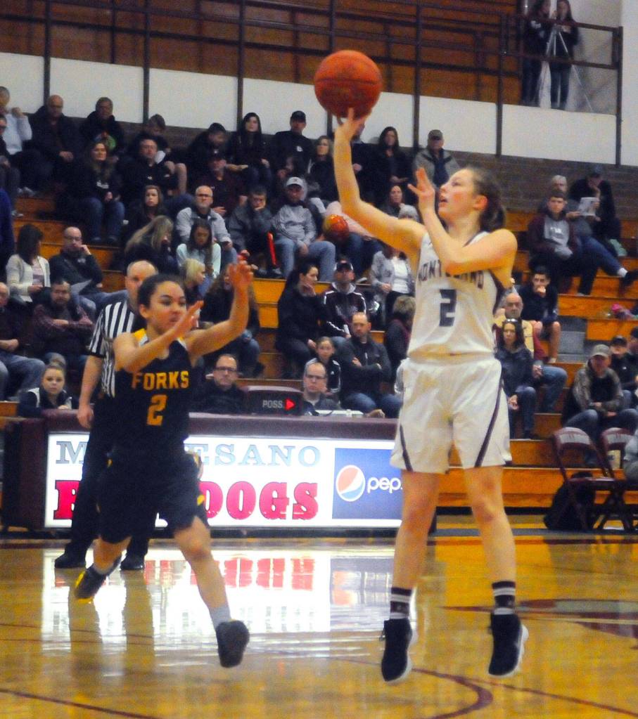 Montesanos Matti Eckerson shoots a jump shot in the second quarter against Forks on Friday. (Hasani Grayson | Grays Harbor News Group)