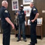 Louis Krauss | Grays Harbor News Group                                Mike Nelson, middle, from Blind Justice, speaks with Aberdeen Deputy Police Chief Dave Timmons, left, and Chief Steve Shumate.