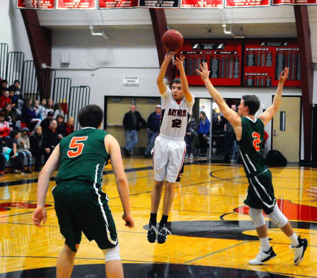 Raymonds Tre Seydel hits a 3-point shot in the second quarter against Morton-White Pass on Tuesday. Seydel led the Seagulls with 23 points in Raymonds 55-54 overtime loss to the Timeberwolves. (Hasani Grayson | Grays Harbor News Group)