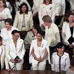 House Democratic women, dressed in white to celebrate the 100th anniversary of Congress voting to grant women the right to vote, prior to President Trumps State of the Union address to a joint session of Congress on Capitol Hill in Washington, D.C., on Tuesday. (Olivier Douliery/Abaca Press/TNS)