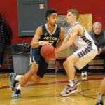 Montesanos Braden Dohrmann, right, defends Seton Catholics Xavian Rushing on Thursday. (Ryan Sparks | Grays Harbor News Group)