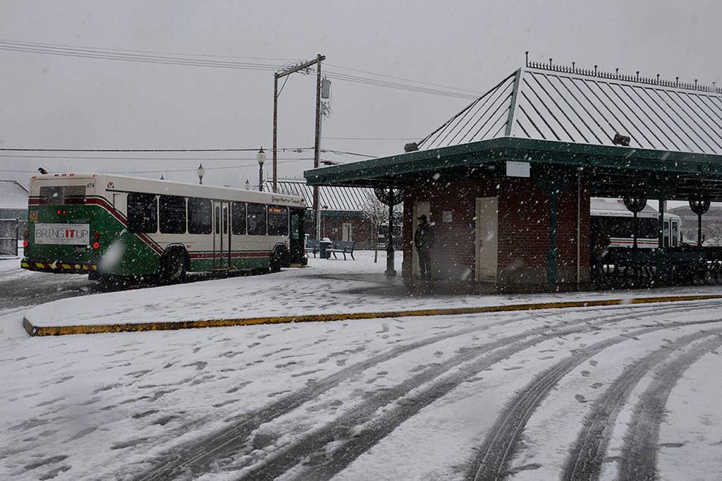 (Louis Krauss | Grays Harbor News Group) A view of the wintery conditions at the Aberdeen bus station Monday morning.