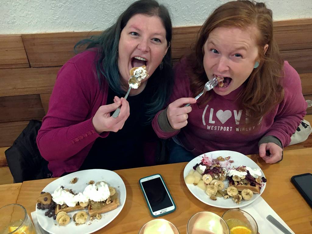 (Kat Bryant | Grays Harbor News Group) Sarah Little and Ashlee Mitchell of Aberdeen were among the dozens of attendees who enjoyed the waffle bar.