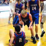 Willapa Valleys Peter Hamilton (5) celebrates with Logan Walker (2) after Walker hit a contested layup late in the fourth quarter against Ilwaco on Friday. (Hasani Grayson | Grays Harbor News Group)