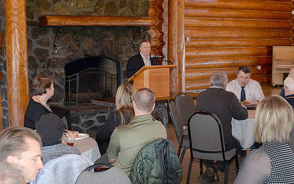 DAN HAMMOCK | GRAYS HARBOR NEWS GROUP                                Greater Grays Harbor Inc. CEO Dru Garson talks economic development at the regional chamber of commerces annual business forum lunch at the Rotary Log Pavilion in Aberdeen on Tuesday.