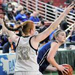 Elmas Jalyn Sackrider looks to pass out of the post in the third quarter against Meridian on Friday. Sackrider finished the game with a team-leading 18 points in Elmas 50-47 over the Trojans. (Hasani Grayson | Grays Harbor News Group)