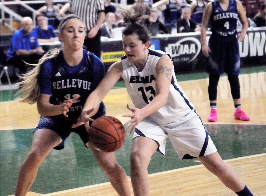 Elmas Kali Rambo (13) steals the ball from Bellevue Christians Molly Olson in the first quarter on Saturday. (Hasani Grayson | Grays Harbor News Group)