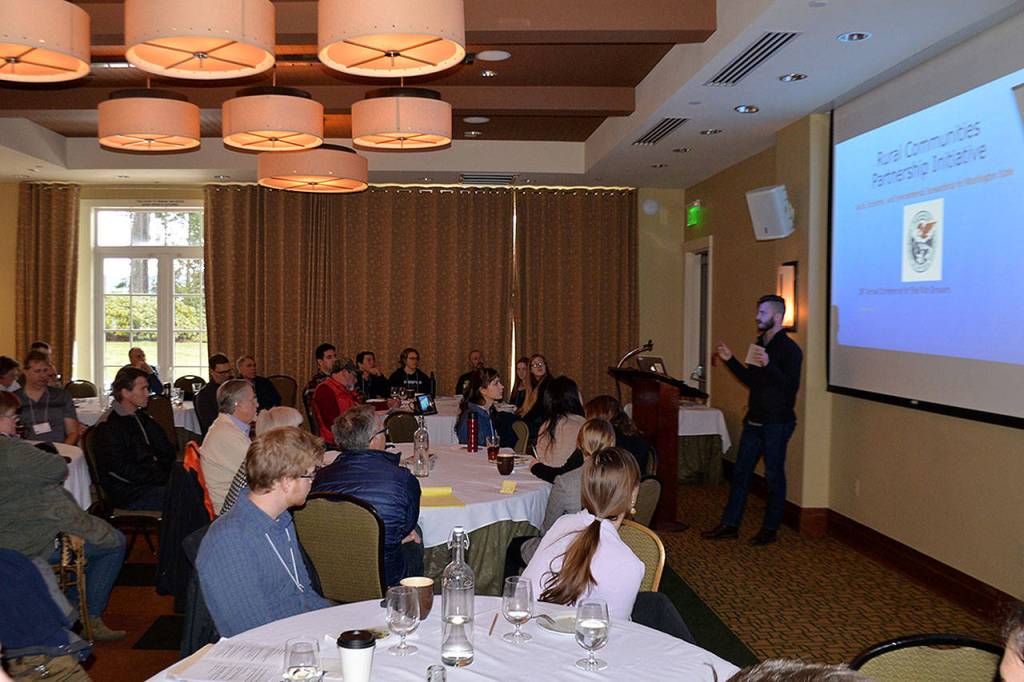 Louis Krauss | Grays Harbor News Group                                Gabe Kaemingk discusses the state Department of Natural Resources efforts to work with oyster growers to control burrowing shrimp at a conference in Union on Monday.