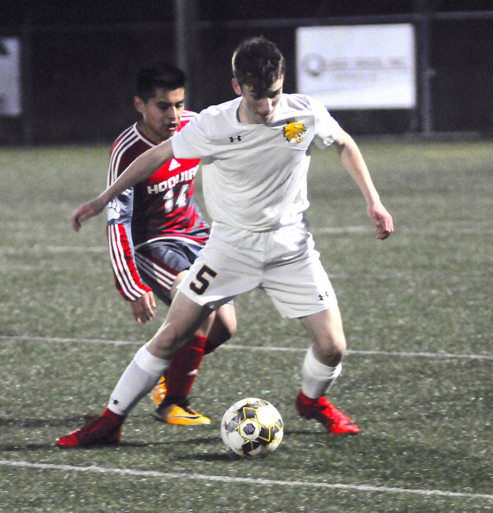 Aberdeens Logan Sias shields the ball from Hoquiams Cavan Estrada in the second half on Thursday. (Hasani Grayson | Grays Harbor News Group)