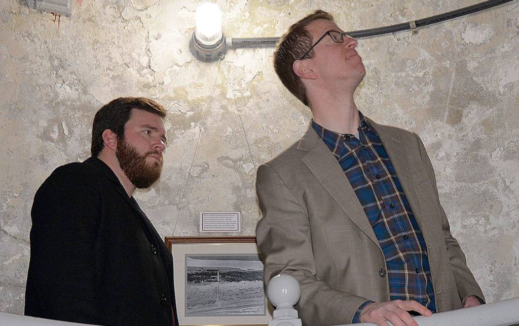 DAN HAMMOCK | GRAYS HARBOR NEWS GROUP                                A tour of the Grays Harbor Lighthouse in Westport was part of Congressman Derek Kilmers visit Saturday. Here he pauses about halfway up the 135 steps to the top. Behind Kilmer is Aberdeen Mayor Erik Larson.
