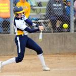 Aberdeen first baseman Kacie Powell smacks a double to center field during the Bobcats 5-1 loss to Hoquiam on Thursday at the Bishop Sports Complex. (Ryan Sparks | Grays Harbor News Group)