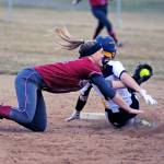 Hoquiam shortstop Maya Jump, left, gets tangled up with Aberdeens Katelynn Smith on a play at second base during Thursdays game in Aberdeen. (Ryan Sparks | Grays Harbor News Group)