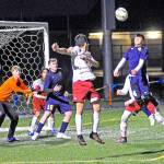 Aberdeens Miguel Martinez goes up for a header in the second half of a game against WF West on Wednesday. (Hasani Grayson | Grays Harbor News Group)