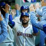 Seattle Mariners catcher Omar Narvaez celebrates his three-run home run in the third inning against the Boston Red Sox on Sunday, March 31, 2019 at T-Mobile Park in Seattle, Wash. (Ken Lambert/Seattle Times/TNS)