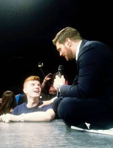 Courtesy of Heather Van Hulle                                Ben Fagerstedt, left, sings with Michael Bublé at the Tacoma Dome on Saturday. For those who want to see the young man perfrom live, Fagerstedt will be singing at the Hoquiam Brewing Company April 20 from 7 to 8 p.m.