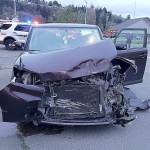 COURTESY HOQUIAM POLICE This Scion driven by a 69-year-old Hoquiam woman was involved in a two-car crash on the south end of the Simpson Avenue Bridge in Hoquiam Tuesday evening. The woman was not injured, according to police.