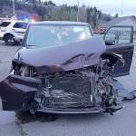COURTESY HOQUIAM POLICE This Scion driven by a 69-year-old Hoquiam woman was involved in a two-car crash on the south end of the Simpson Avenue Bridge in Hoquiam Tuesday evening. The woman was not injured, according to police.