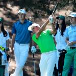Jordan Spieth (left), Rickie Fowler (middle), and Justin Thomas tee off on the fourth hole during the Masters Par -3 Contest at Augusta National Golf Club on Wednesday, April 10, 2019, in Augusta, Ga. (Curtis Compton/Atlanta Journal-Constitution/TNS)