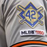 A detail honoring Jackie Robinson on the uniform of the Baltimore Orioles during the second inning of the game against the Boston Red Sox at Fenway Park on Monday. All uniformed players and coaches wore number 42 in honor of Jackie Robinson Day. (Maddie Meyer/Getty Images/TNS)