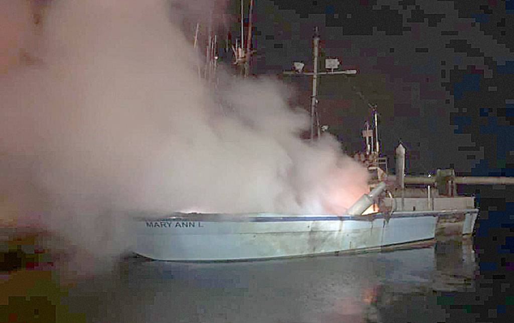 COURTESY COAST GUARD STATION GRAYS HARBOR                                Coast Guard crews from Station Grays Harbor in Westport teamed with personnel from the South Beach Regional Fire Authority and the Grays Harbor County Sheriffs Office to fight a boat fire at the Westport Marina early Monday morning. According to the Coast Guard personnel on the motor life boat Invincible took initial action on the 3 a.m. fire on the Mary Ann L at Float 11. No further details were immediately available.