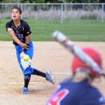Grays Harbor Colleges pitcher Kalena Quilt delivers a pitch in the sixth inning of the first game of a doubleheader against Southwest Oregon on Saturday. (Hasani Grayson | Grays Harbor News Group)