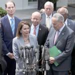 House Speaker Nancy Pelosi and Senate Minority Leader Chuck Schumer speak to members of the media after a meeting on infrastructure with President Donald Trump on Tuesday at the White House in Washington, D.C. (Oliver Contreras/SIPA USA)