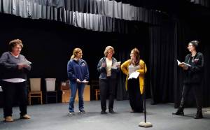 Courtesy Liz McCollum                                The full cast of the Willapa Players upcoming play, Curtain Up, rehearse their lines: from left, Deborah Sturgill, Bre Amacher, Nadine Zakel, Charity Royanne and Marissa Hurley.