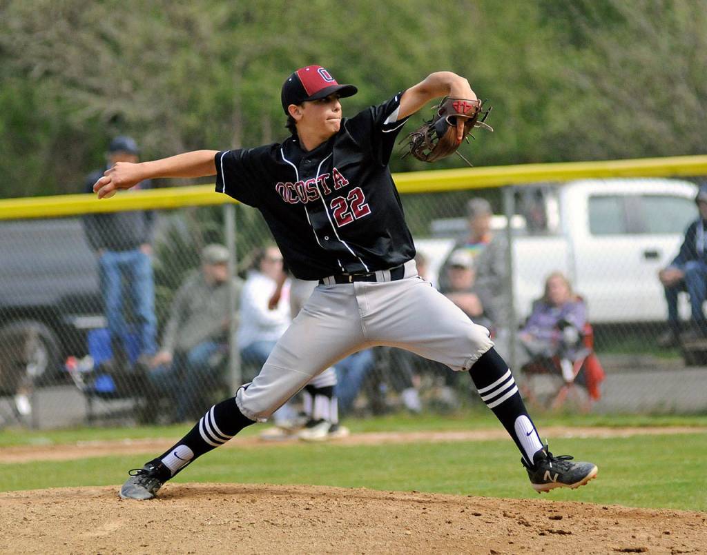 Ocosta starting pitcher Cole Hatton hurls a pitch during the Wildcats 5-3 victory over Onalaska on Saturday. Hatton allowed three earned runs over 4 2/3 innings pitched and took a no decision. (Ryan Sparks | Grays Harbor News Group)