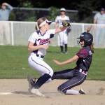 Montesanos Landree Dohrmann, right, slides into second base ahead of the tag of PWV shortstop Katie Adkins during Montes 13-12 victory on Monday at Montesano High School. (Ryan Sparks | Grays Harbor News Group)