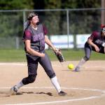 Montesano starting pitcher Lindsay Pace hurls a pitch during the Bulldogs 13-11 victory over PWV on Monday in Montesano. (Ryan Sparks | Grays Harbor News Group)