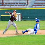 Montesano second basemen Braden Dohrmann gets La Centers Michael Goode out at second base and throws to first to complete the double play on Tuesday at Olympic Stadium. (Hasani Grayson | Grays Harbor Newsgroup)